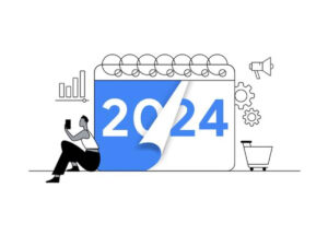 Ilustração do Google simbolizando o ano de 2024, com um calendário e elementos gráficos que representam planejamento e progresso.