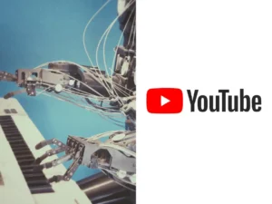 Imagem de um robô tocando piano ao lado do logotipo do YouTube, simbolizando a interseção entre tecnologia e música na plataforma.