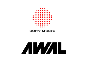 Logos da Sony Music e AWAL, representando a conexão entre a gravadora e a plataforma de distribuição musical. Essenciais para artistas em busca de visibilidade.