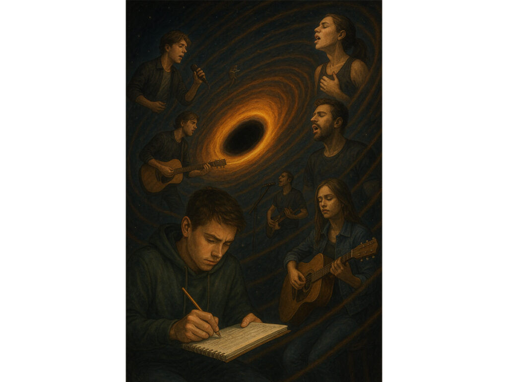 Creative Black Hole in Music (Contemporary Version). AI-generated image created using ChatGPT (GPT-5 with DALL·E, OpenAI, 2025. Source: Created by the author using artificial intelligence (OpenAI, 2025). Buraco negro