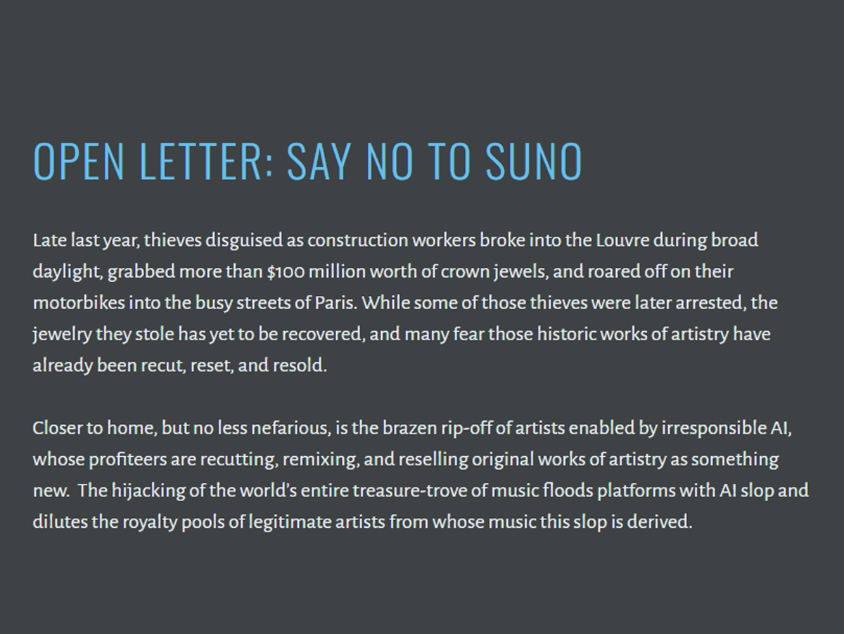 ‘Diga Não à Suno’: Empresa é alvo de carta aberta que compara IA a assalto no Louvre e cobra boicote da indústria