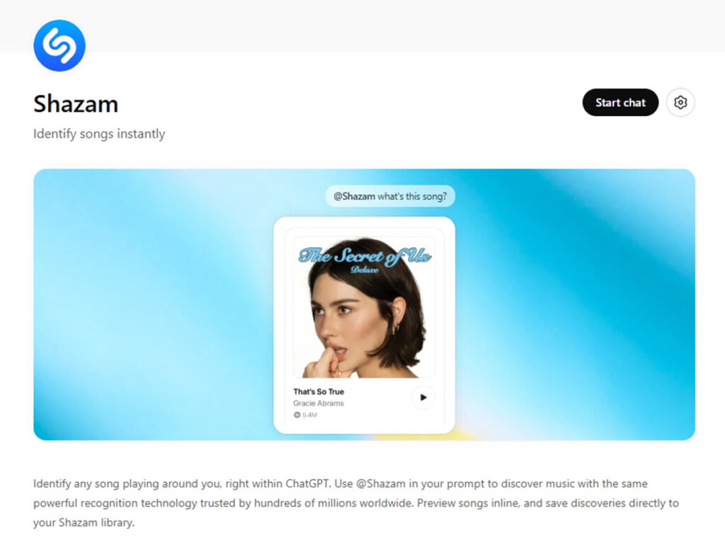 Tela inicial do Shazam no ChatGPT