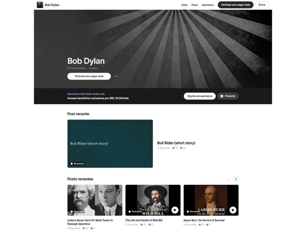 Página de Bob Dylan no Patreon