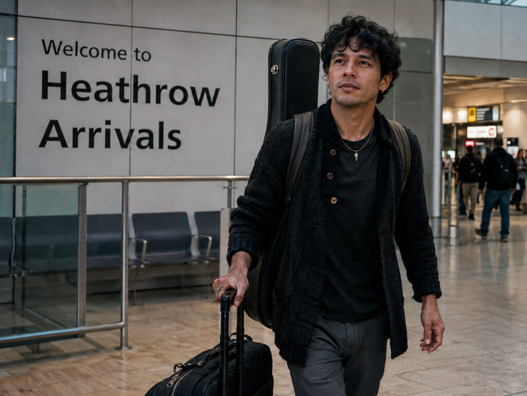 Músico chegando ao aeroporto de Londres, Ibermúsicas