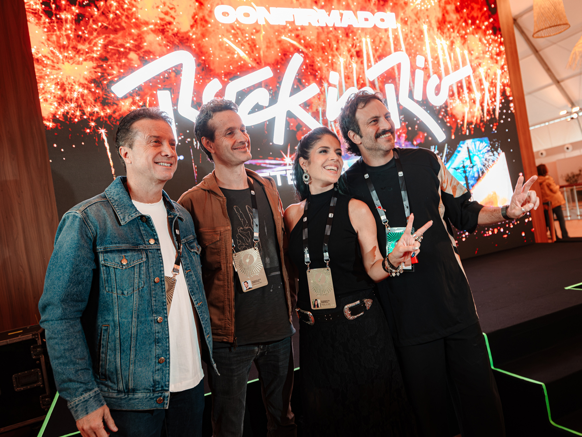Ronaldo Pereira, co-CEO da Rock World; Rodolfo Medina, sócio fundador da Rock World; Roberta Medina, sócia fundadora e vice-presidente da Rock World; e Rodrigo Montesano, superintendente de experiência e conexões de marca do Itaú (Crédito: Victor Carvalho), Rock in Rio